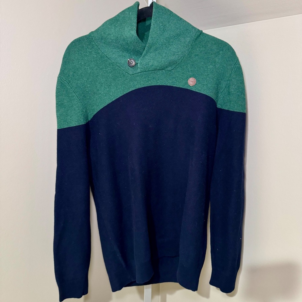 Springfield Mens Shawl Collar‎ Sweater Green Navy Blue Colorblock Cotton Large